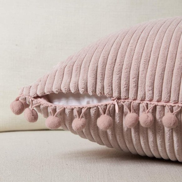 Blush Pink Corduroy Luxury Velvet Pompom Bed/Sofa Throw Pillow Cover/CaseSet - Picture 4 of 8